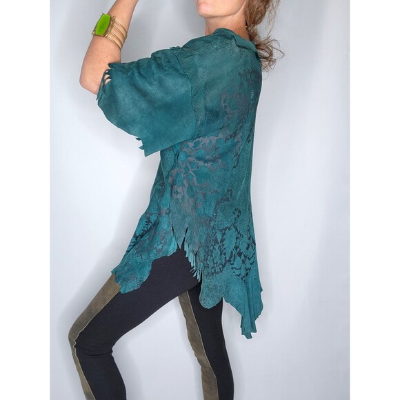 Vintage LEATHER Suede Fringes Top Blouse Asymmetrical Leather Blouse SOFT S - Picture 3 of 10